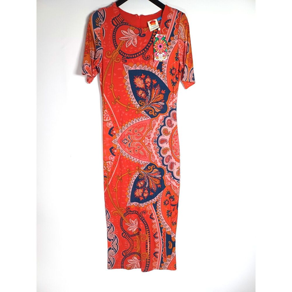 Farm Rio Giannina Knit Midi Dress Size M Boho Colorful Paisley‎ Floral AOP